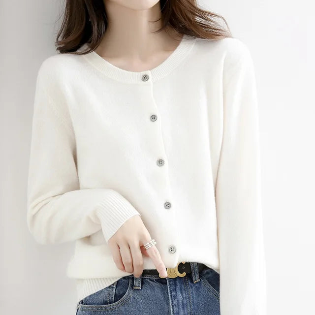 Women's Knit Button Front Cardigan - Crew Neck Fitted Long Sleeve Sweater