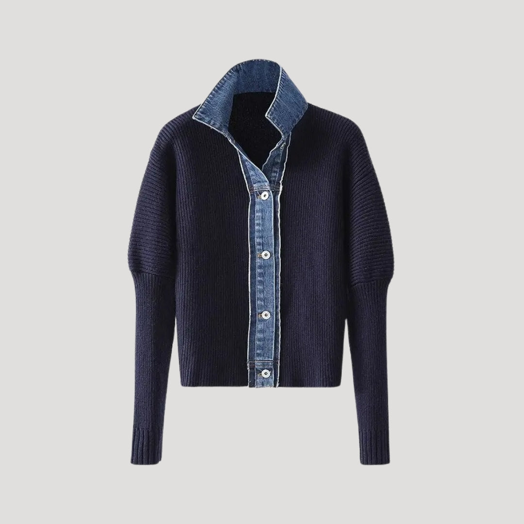 Women's Knit Cardigan - Denim Panel Button Front