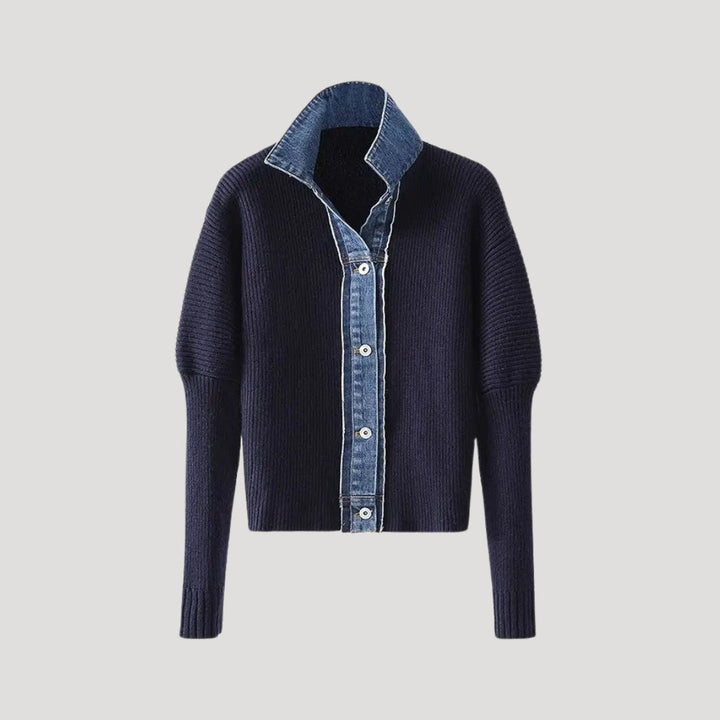 Women's Knit Cardigan - Denim Panel Button Front