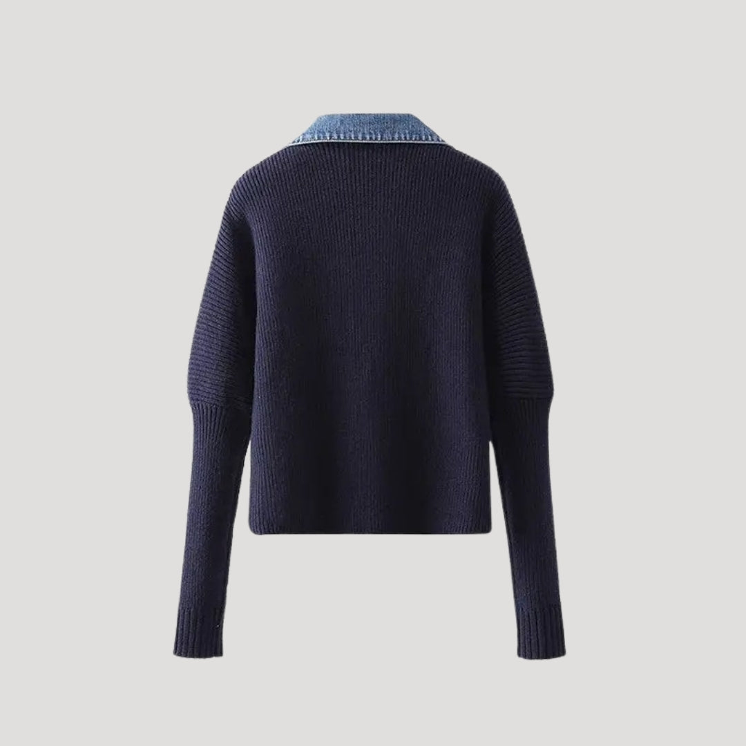 Women's Knit Cardigan - Denim Panel Button Front