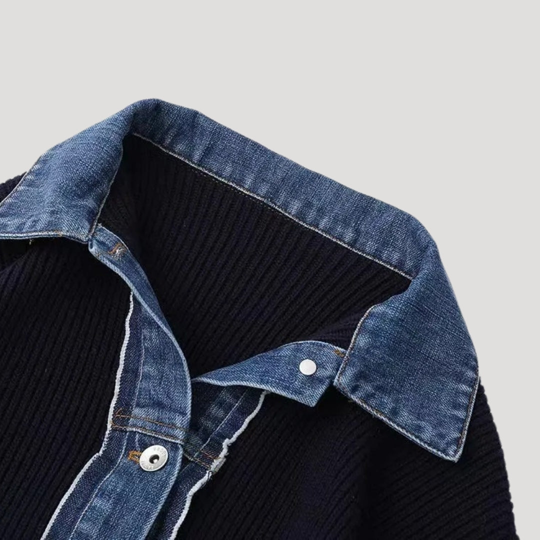 Women's Knit Cardigan - Denim Panel Button Front