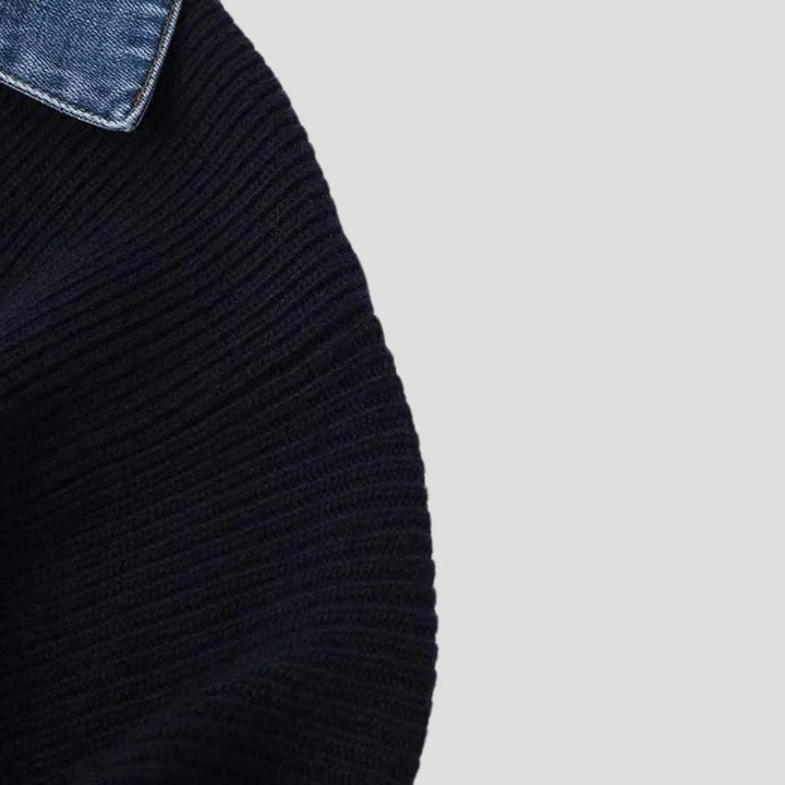 Women's Knit Cardigan - Denim Panel Button Front