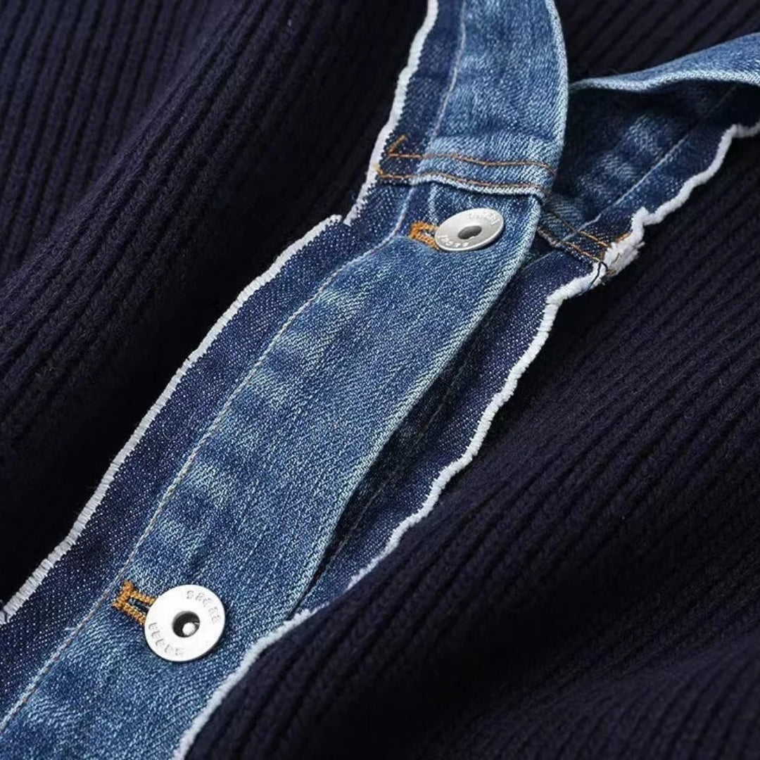 Women's Knit Cardigan - Denim Panel Button Front