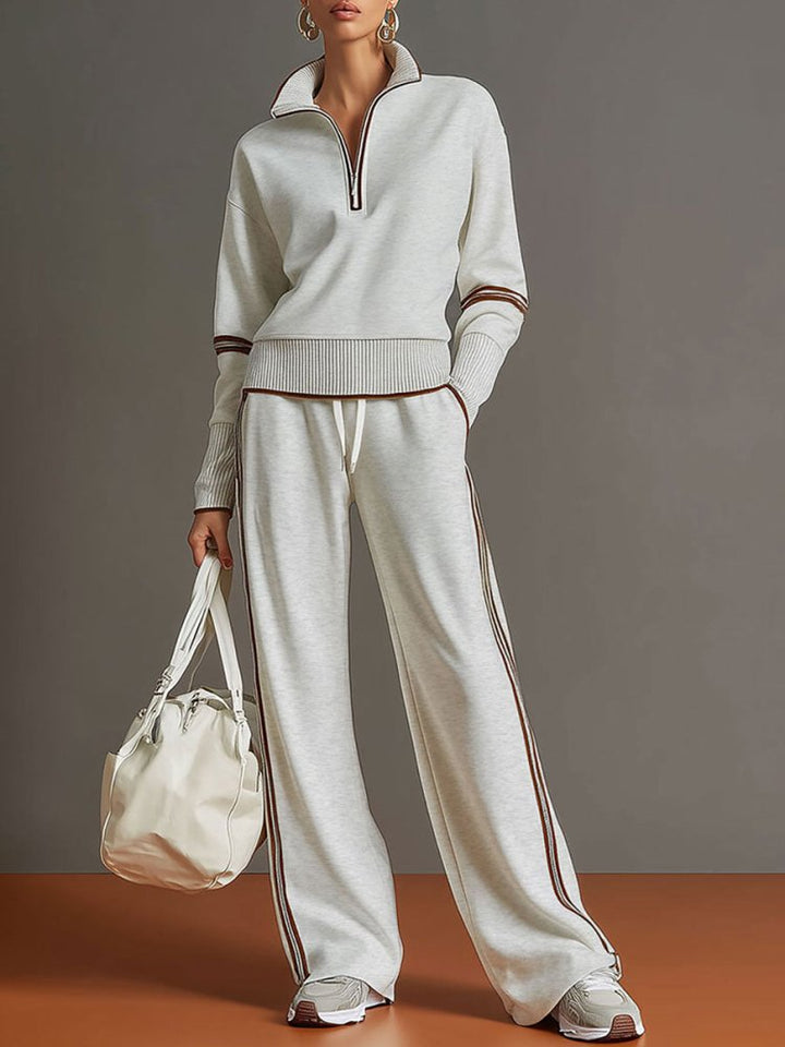 Women's Knit Two-Piece Set - Half-Zip Pullover Wide-Leg Trousers
