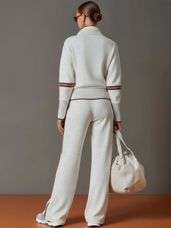 Women's Knit Two-Piece Set - Half-Zip Pullover Wide-Leg Trousers