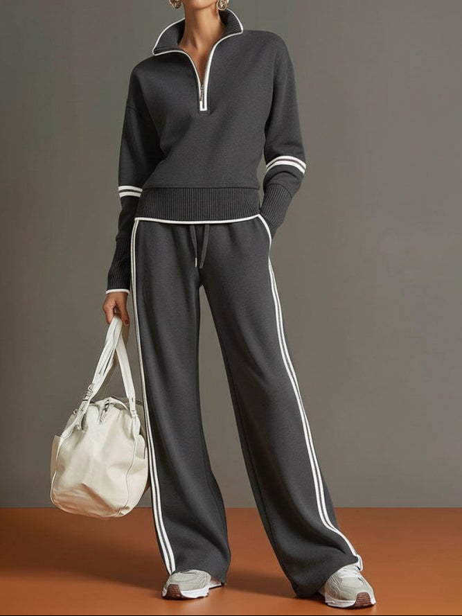 Women's Knit Two-Piece Set - Half-Zip Pullover Wide-Leg Trousers