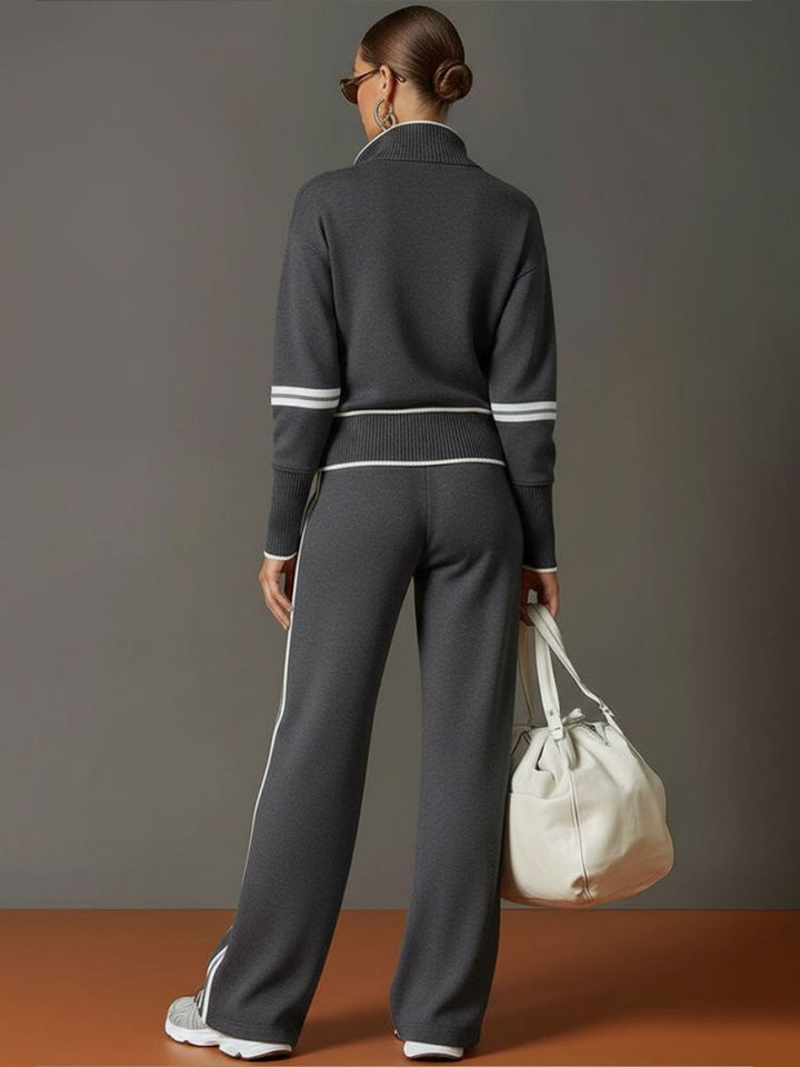 Women's Knit Two-Piece Set - Half-Zip Pullover Wide-Leg Trousers
