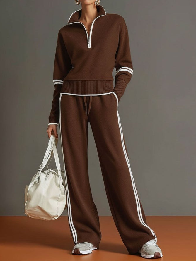 Women's Knit Two-Piece Set - Half-Zip Pullover Wide-Leg Trousers
