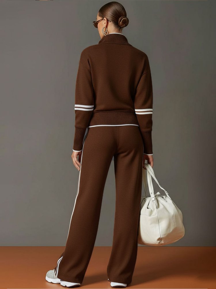 Women's Knit Two-Piece Set - Half-Zip Pullover Wide-Leg Trousers
