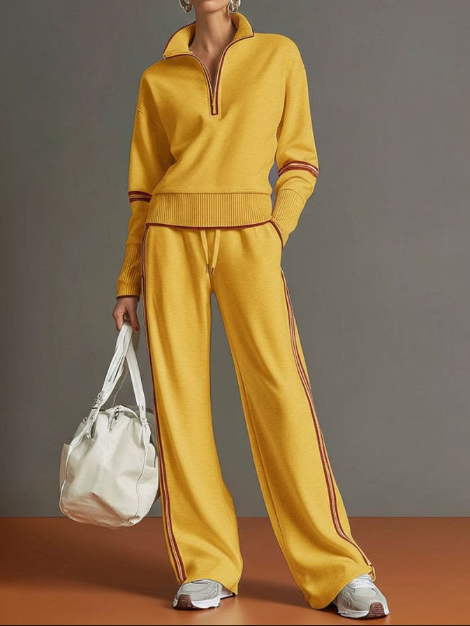 Women's Knit Two-Piece Set - Half-Zip Pullover Wide-Leg Trousers
