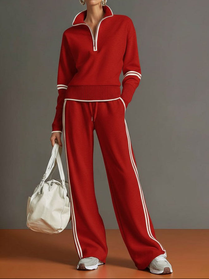 Women's Knit Two-Piece Set - Half-Zip Pullover Wide-Leg Trousers