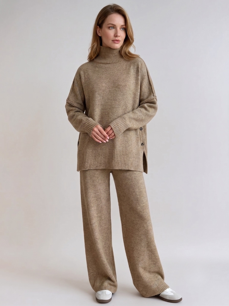 Women's Knit Two Piece Set - Turtleneck Sweater and Wide Leg Trousers