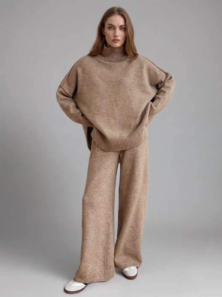 Women's Knit Two Piece Set - Turtleneck Sweater and Wide Leg Trousers
