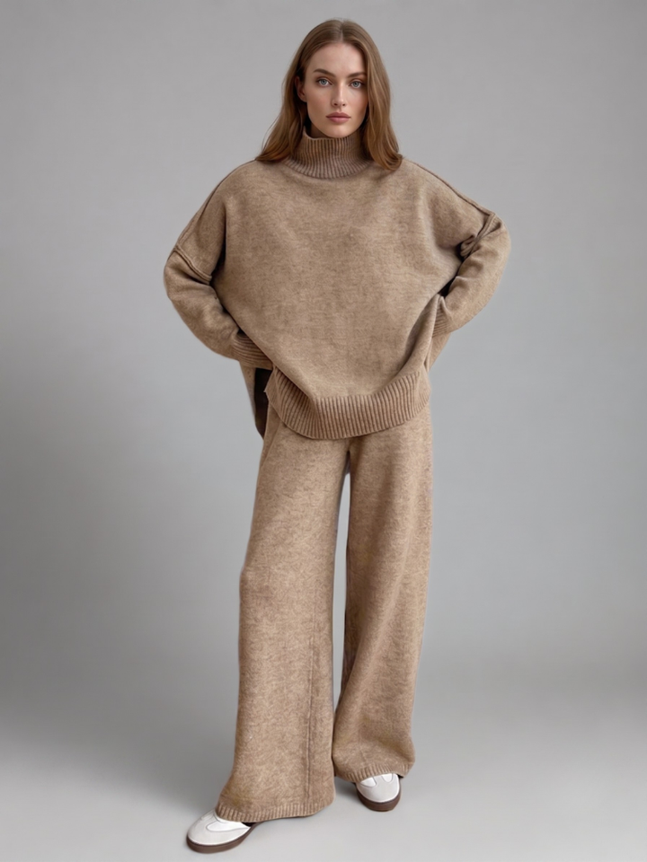 Women's Knit Two Piece Set - Turtleneck Sweater and Wide Leg Trousers
