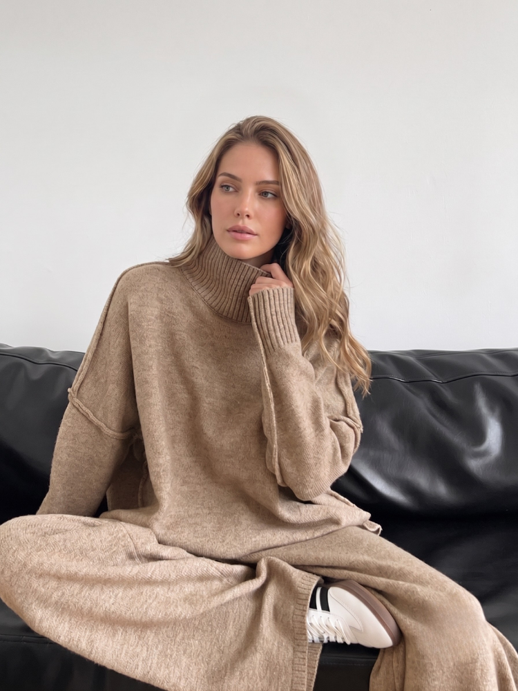 Women's Knit Two Piece Set - Turtleneck Sweater and Wide Leg Trousers