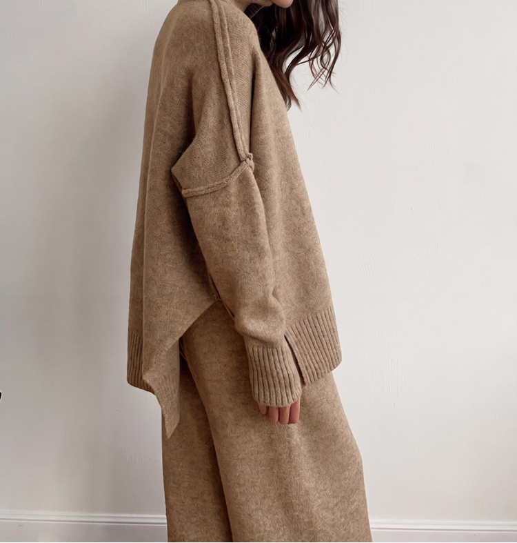 Women's Knit Two Piece Set - Turtleneck Sweater and Wide Leg Trousers