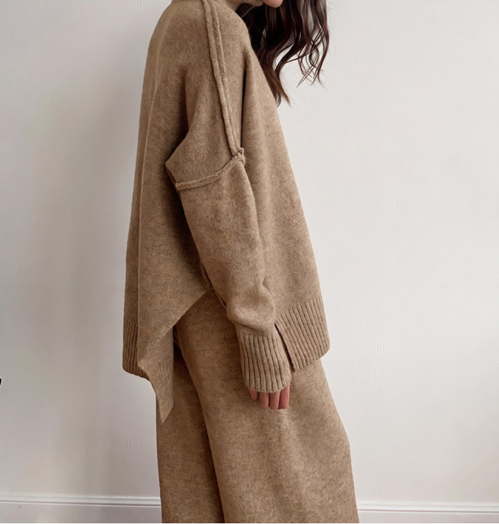 Women's Knit Two Piece Set - Turtleneck Sweater and Wide Leg Trousers