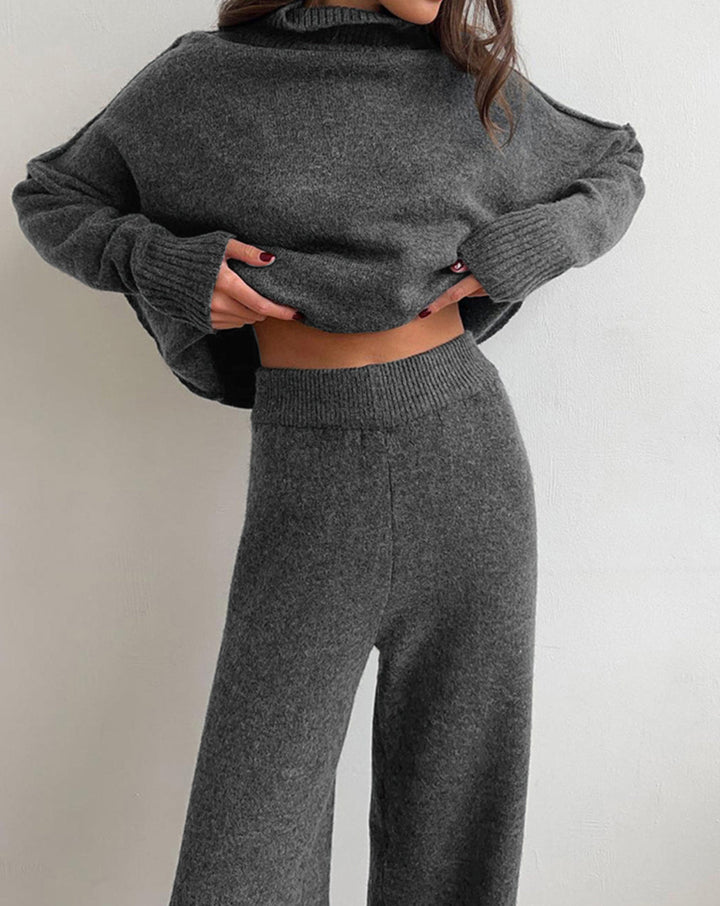 Women's Knit Two Piece Set - Turtleneck Sweater and Wide Leg Trousers