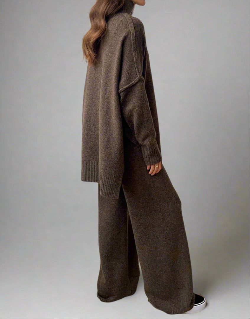 Women's Knit Two Piece Set - Turtleneck Sweater and Wide Leg Trousers