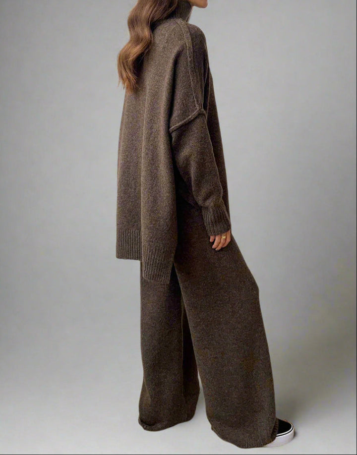 Women's Knit Two Piece Set - Turtleneck Sweater and Wide Leg Trousers