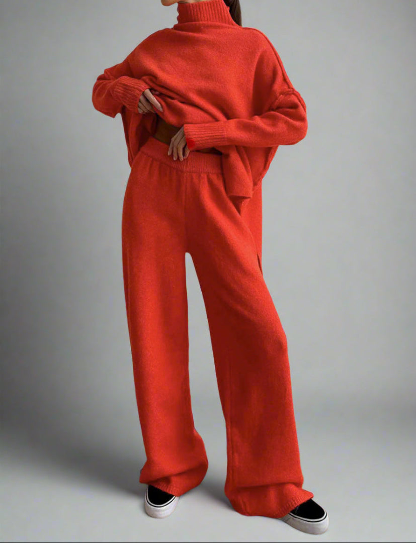 Women's Knit Two Piece Set - Turtleneck Sweater and Wide Leg Trousers