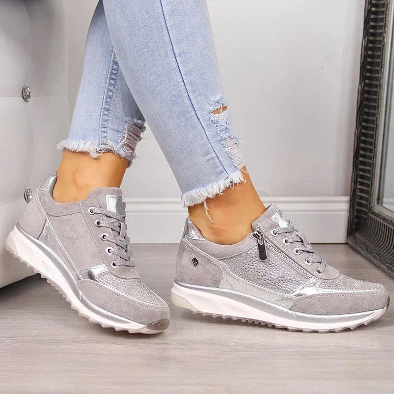 Women's Lace-Up Wedge Sneakers - Side Zip Embellished Panel