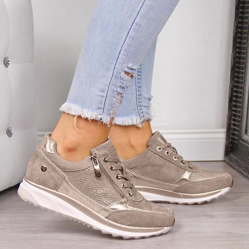 Women's Lace-Up Wedge Sneakers - Side Zip Embellished Panel