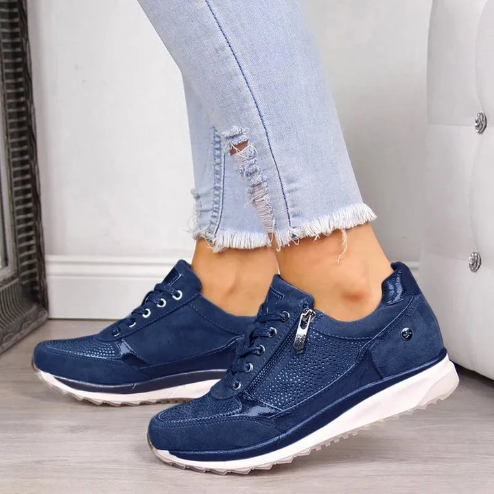 Women's Lace-Up Wedge Sneakers - Side Zip Embellished Panel