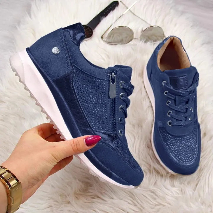 Women's Lace-Up Wedge Sneakers - Side Zip Embellished Panel