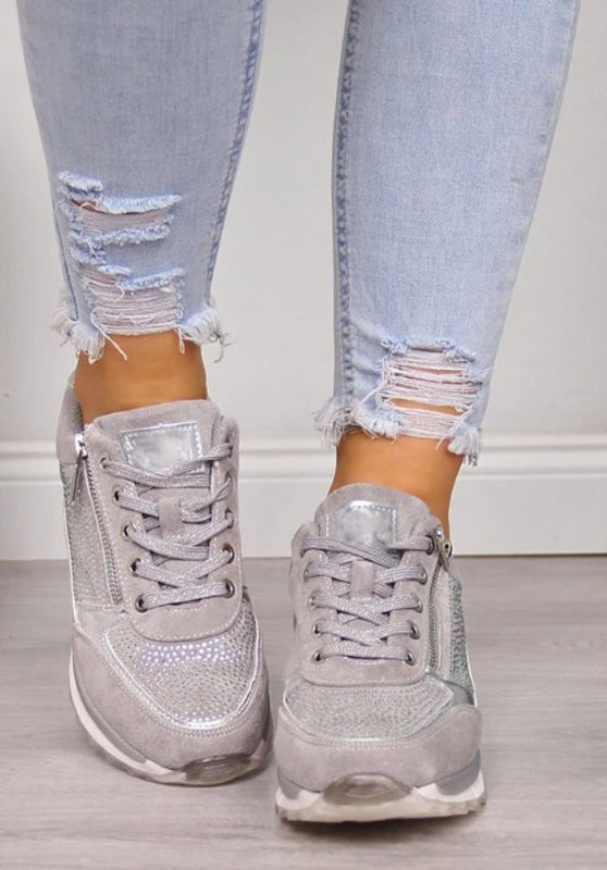 Women's Lace-Up Wedge Sneakers - Side Zip Embellished Panel