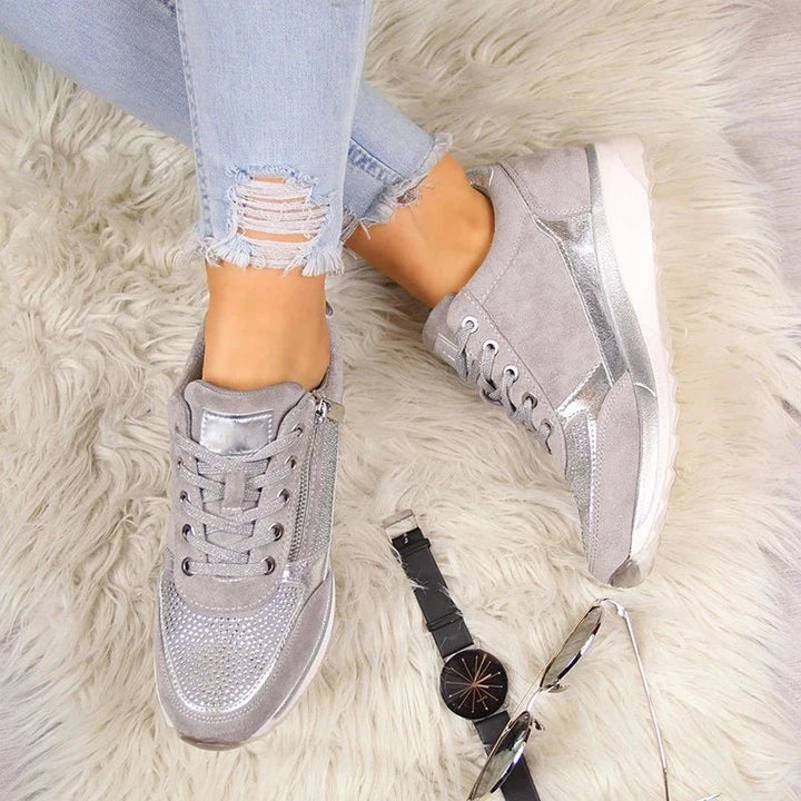 Women's Lace-Up Wedge Sneakers - Side Zip Embellished Panel