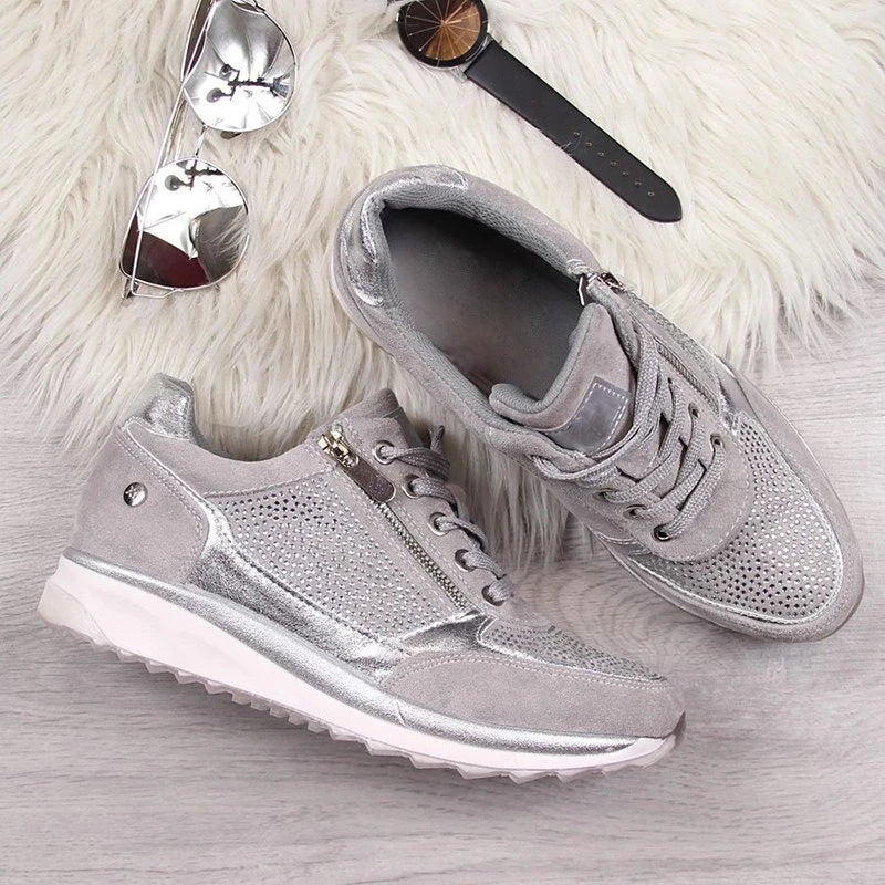 Women's Lace-Up Wedge Sneakers - Side Zip Embellished Panel