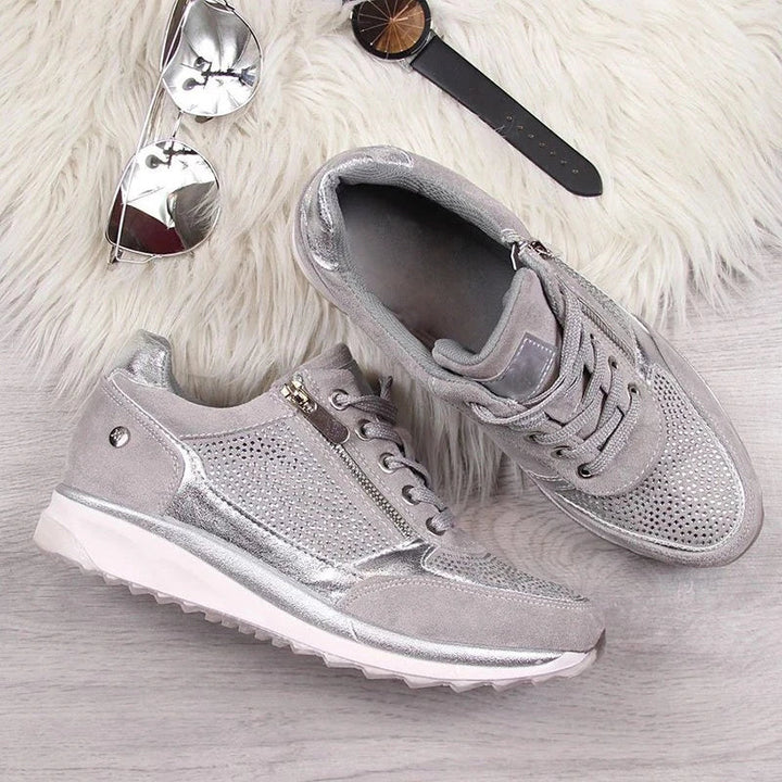 Women's Lace-Up Wedge Sneakers - Side Zip Embellished Panel