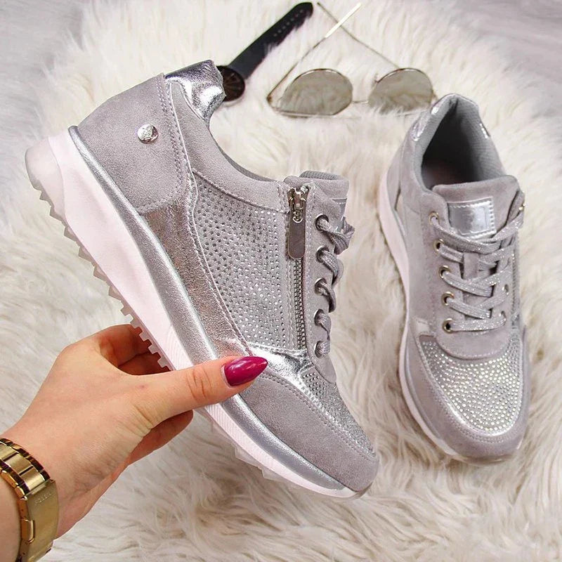 Women's Lace-Up Wedge Sneakers - Side Zip Embellished Panel