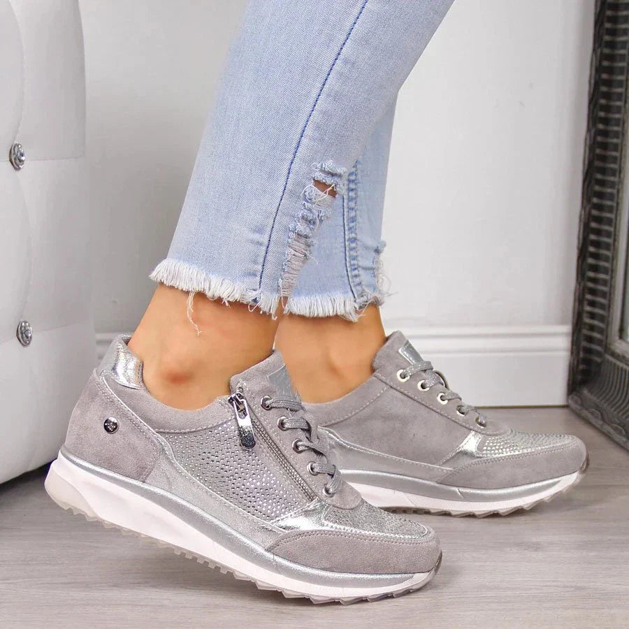 Women's Lace-Up Wedge Sneakers - Side Zip Embellished Panel