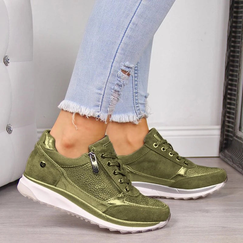 Women's Lace-Up Wedge Sneakers - Side Zip Embellished Panel