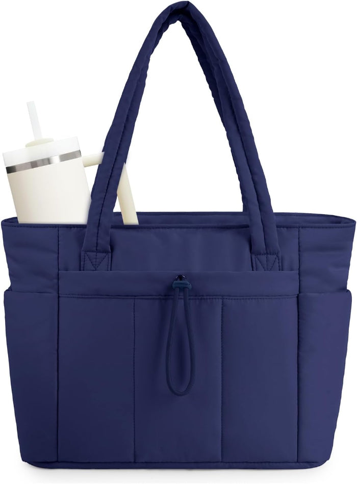 Women's Large Nylon Tote Bag - Multi-Pocket Zip Front Shoulder Bag