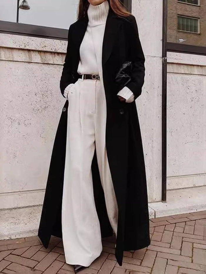 Women's Long Coat with Belt – Double-Breasted & Lapel Collar