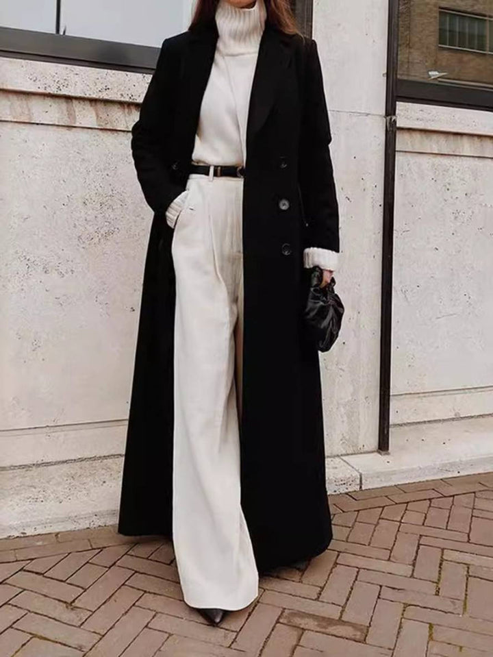 Women's Long Coat with Belt – Double-Breasted & Lapel Collar