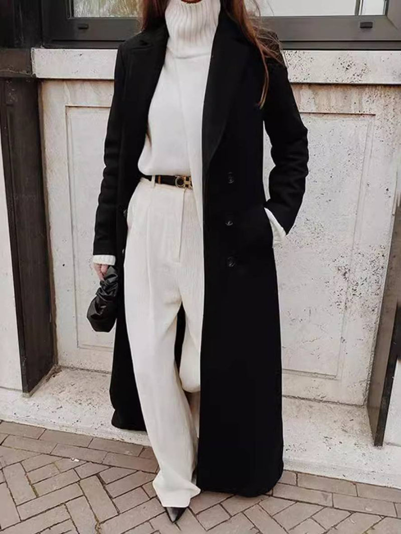 Women's Long Coat with Belt – Double-Breasted & Lapel Collar