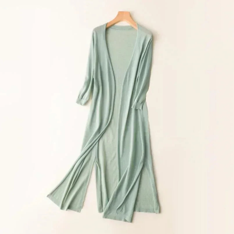 Women's Long Line Open Front Cardigan - Maxi Length Knit