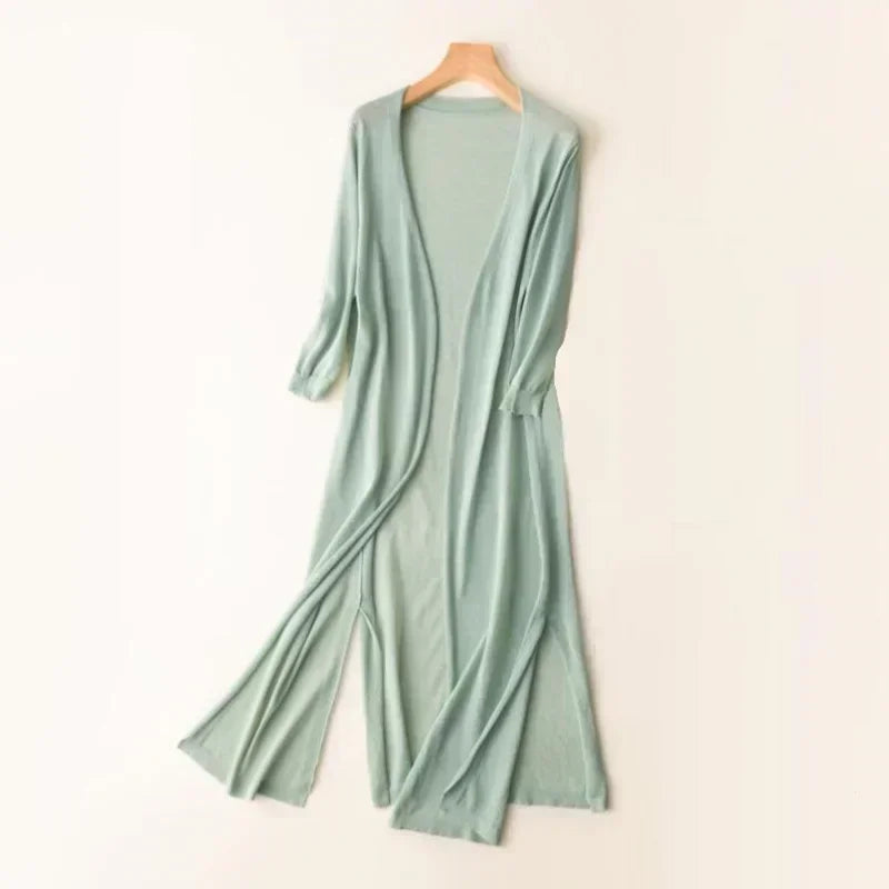 Women's Long Line Open Front Cardigan - Maxi Length Knit