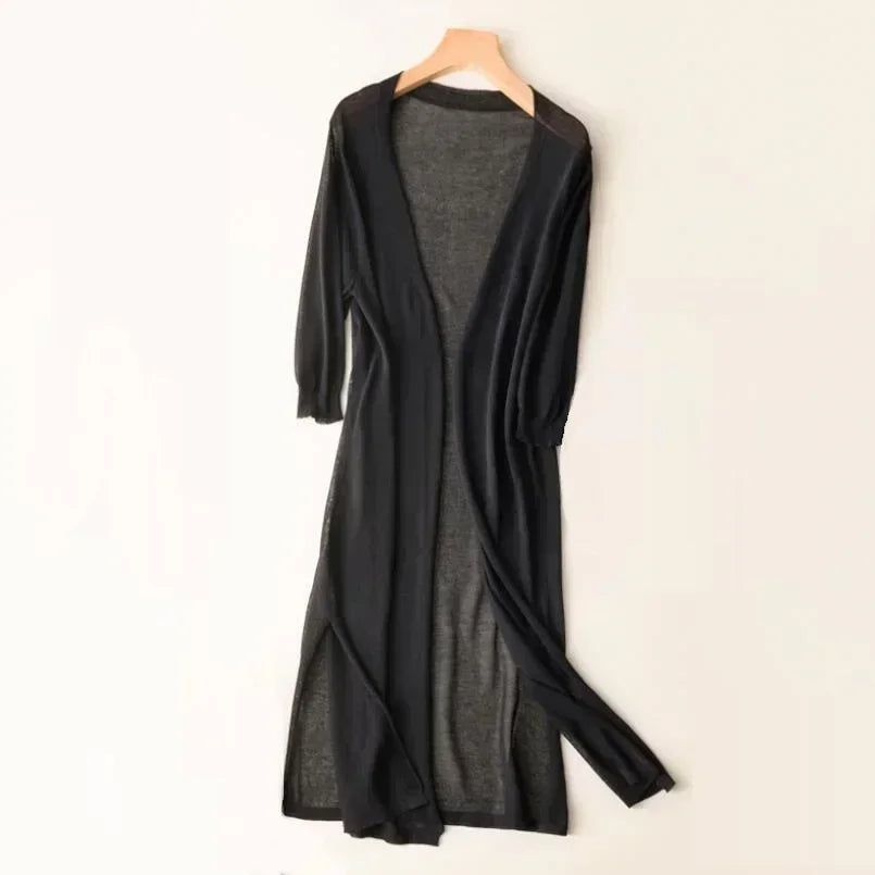 Women's Long Line Open Front Cardigan - Maxi Length Knit