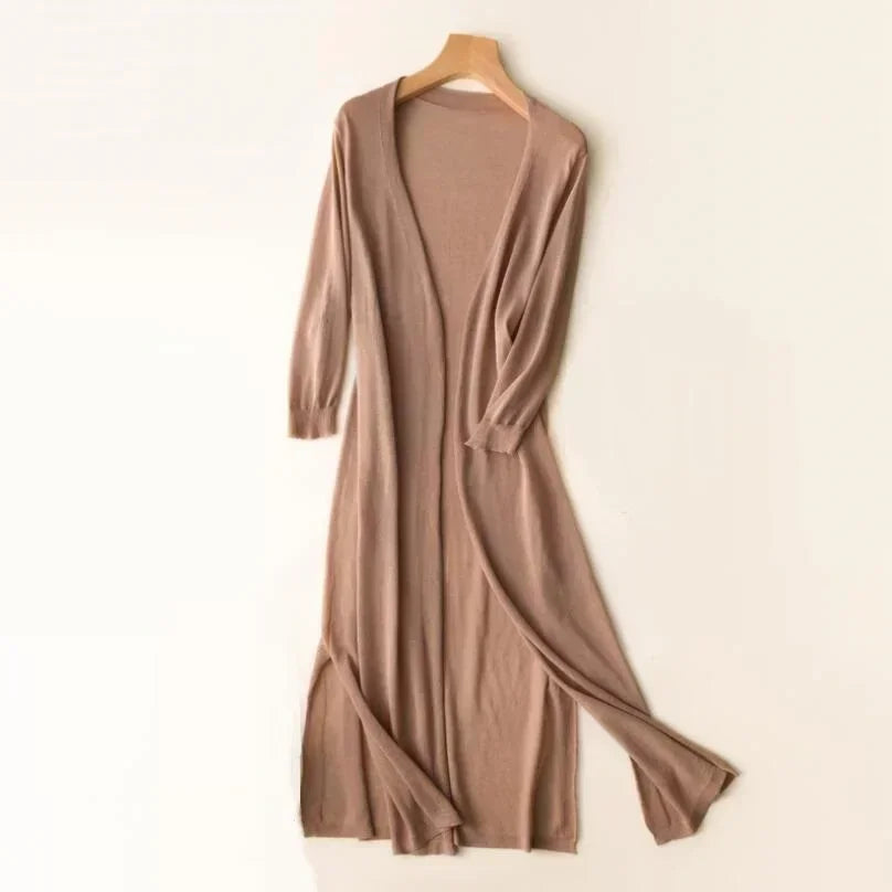 Women's Long Line Open Front Cardigan - Maxi Length Knit