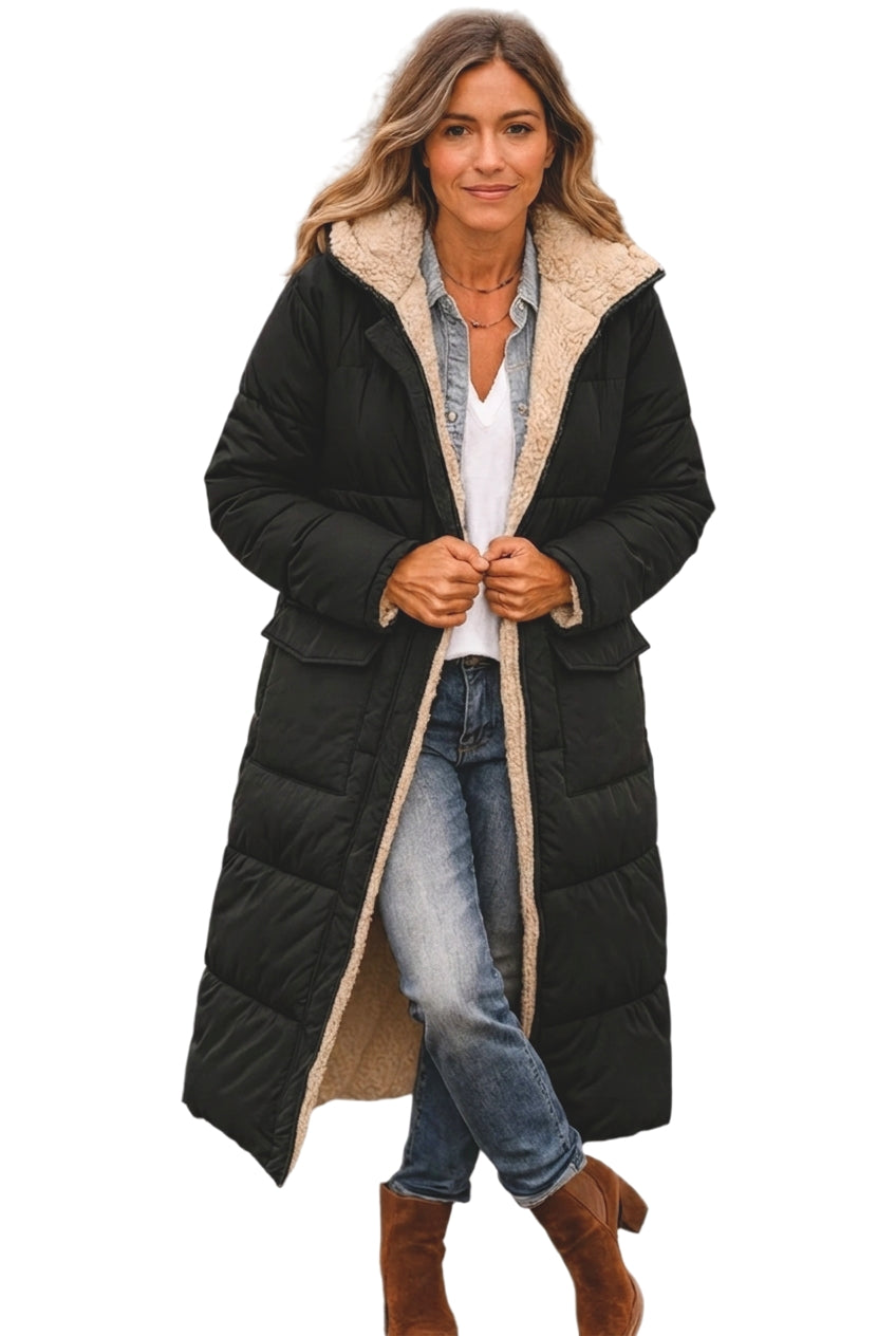 Women's Long Puffer Jacket - Hooded Collar with Plush Lining