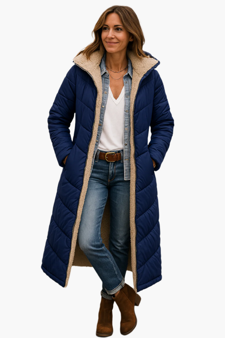 Women's Long Puffer Jacket - Hooded Collar with Plush Lining