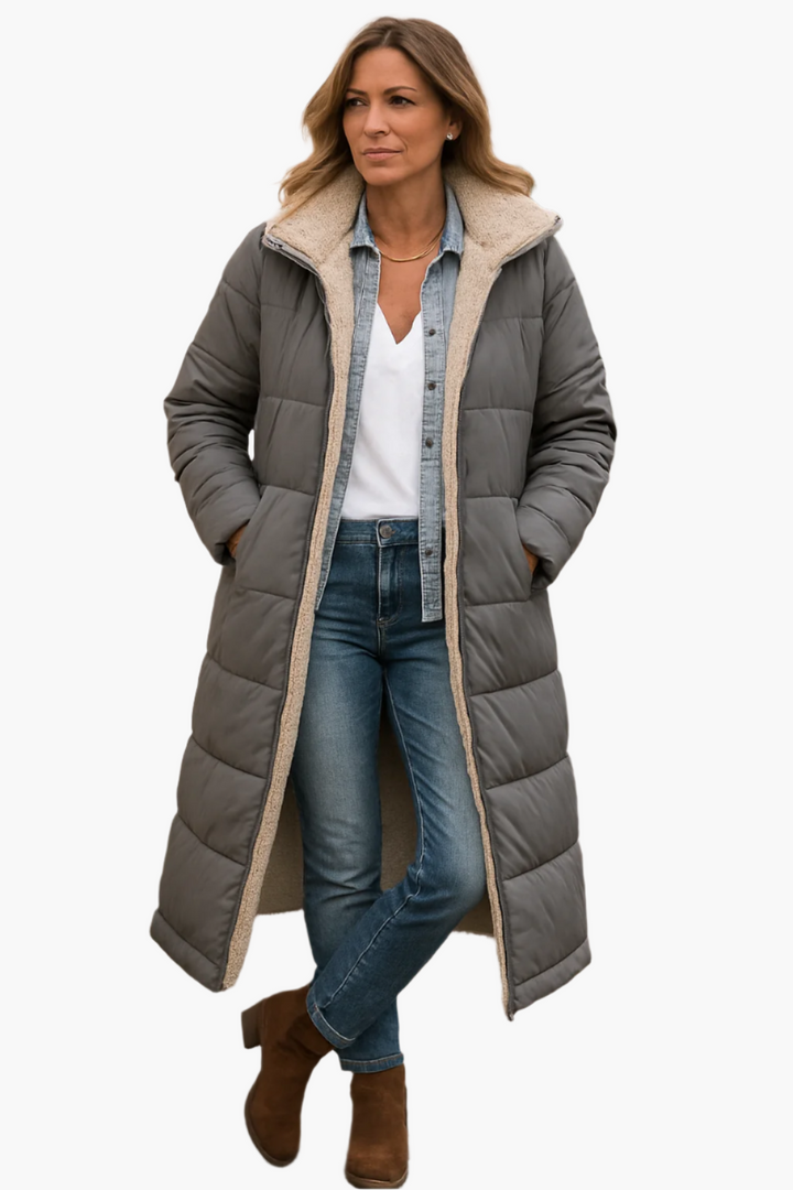 Women's Long Puffer Jacket - Hooded Collar with Plush Lining