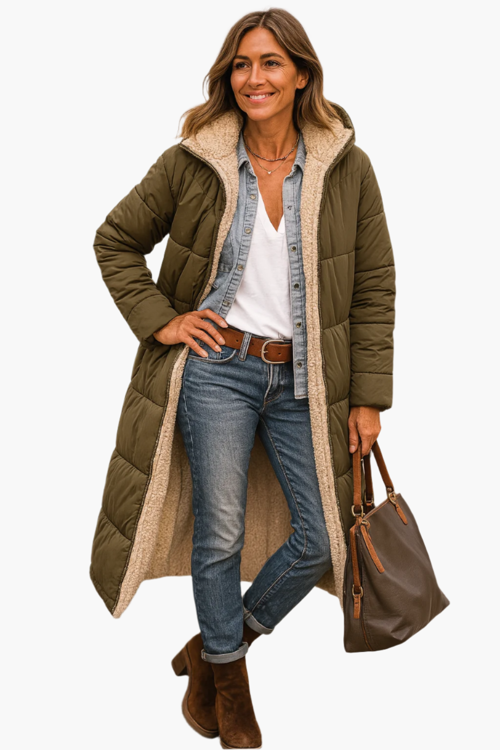 Women's Long Puffer Jacket - Hooded Collar with Plush Lining