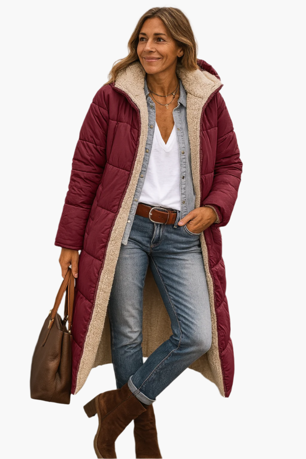 Women's Long Puffer Jacket - Hooded Collar with Plush Lining