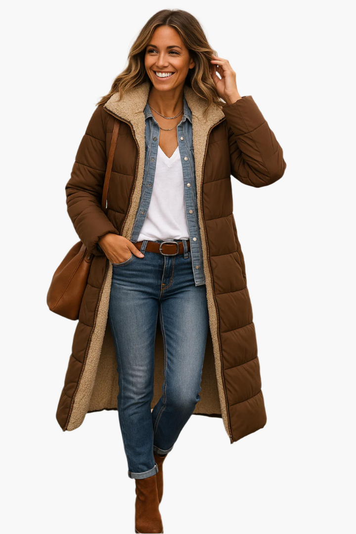 Women's Long Puffer Jacket - Hooded Collar with Plush Lining